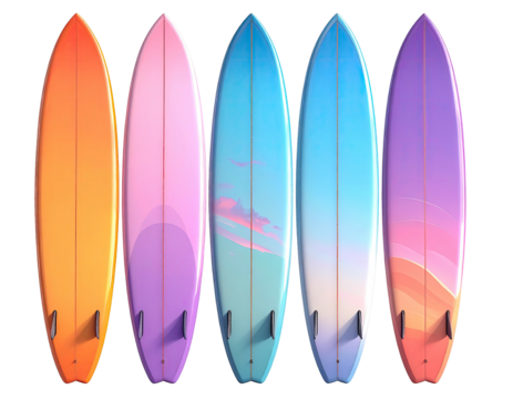Five colorful surfboards, each with a unique gradient and fin configuration