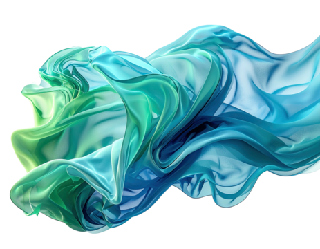Flowing, translucent fabric in shades of green and blue against a black backdrop