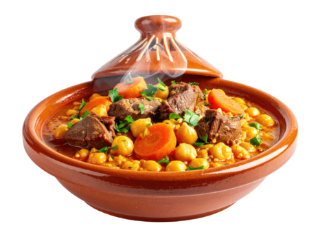 Steaming stew in a clay pot, featuring meat, chickpeas, and carrots