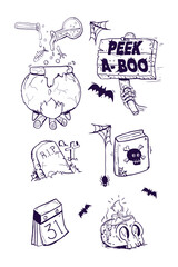 Set of Halloween Icons in Hand-Drawn Outline Style One Color
