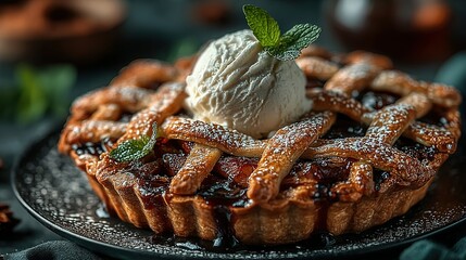 Apple pie with lattice crust topped with ice cream and mint on plate.