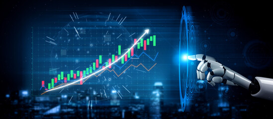 A futuristic robot hand interacts with a glowing digital stock market graph, symbolizing the...