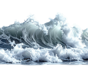 A dynamic, close-up view of a cresting ocean wave with foamy white spray