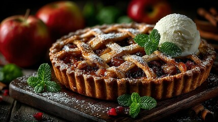 Apple pie with lattice crust and ice cream on a wooden board.