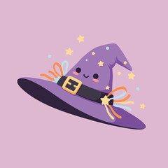 Adorable 2D witch hat with a happy face and rosy cheeks, decorated with stars and ribbons, pastel colors,