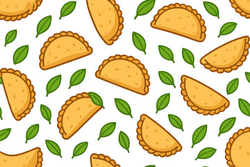 Empanadas seamless pattern. Fried pie background with green leaves. Traditional Latin American and Spanish fast food. Empanada in flat style illustration for cafe menu design.