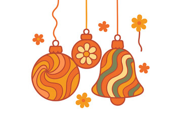Groovy Christmas vibe poster or greeting card concept. Hanging xmas tree balls and bell in trendy retro 60s 70s hippie style. Merry Christmas and Happy New Year party decoration.