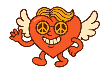 Fototapeta premium Groovy hippie love heart character with wings. Comic happy mascot in trendy retro 60s 70s style. Peace sign glasses. Valentine's Day concept. Vintage isolated vector art.