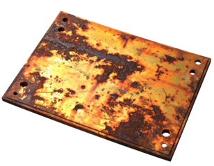Rusty, yellow-toned metal plate with bolt holes, against a black background