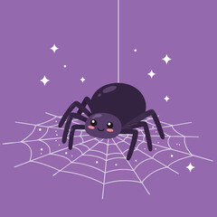 Funny 2D kawaii spider with tiny legs, smiling face, sitting on a sparkly web, bright and playful Halloween design for children