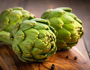 Obraz premium Close-up of fresh artichokes on a wooden board. Fresh, vibrant green artichokes, with water droplets, sit on a rustic wooden cutting board. Dark wood background