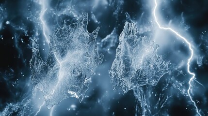Electrified ice crystals frozen mid-fracture, capturing lightning formation in a slow-motion light explosion.
