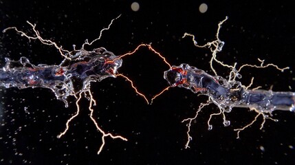 Electrified ice crystals frozen mid-fracture, capturing lightning formation in a slow-motion light explosion.

