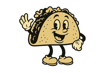 Retro mascot taco character. Cute Mexican fast food cartoon with gloved hands and a smile. Vintage 50s illustration for logo, sticker, or banner. Waving funny personage.