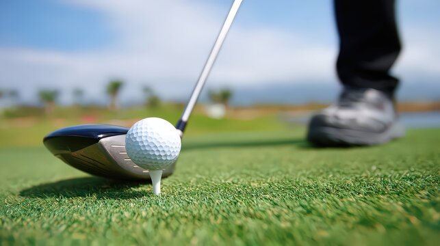 Golf Club About To Hit White Golf Ball On Green