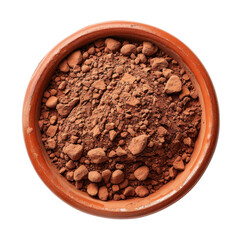 Rustic terracotta bowl filled with rich, earthy red clay granules and small rocks isolated on white background