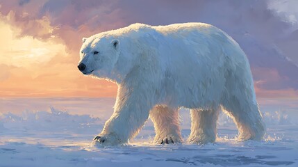 A majestic polar bear walking across a snowy landscape during a colorful sunset or sunrise scene