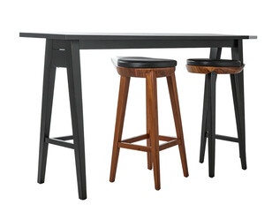 Black high table with two wooden and leather-topped stools against a black background