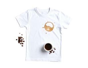 White tee with a coffee stain, cup, and beans, against black background