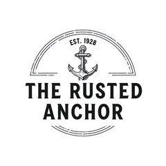 A vintage, black and white logo for 'The Rusted Anchor', established in 1928, featuring a central anchor illustration within a semi-circular frame. © art.Co