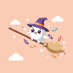 illustration of a flying broom with a cute witch