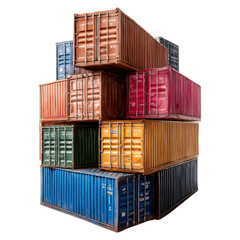 Fototapeta premium Stack of vibrant freight containers in port concept. Colorful shipping containers stacked in an urban setting.
