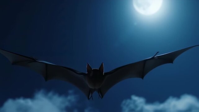 A solitary bat flies through the night sky under a full moon.