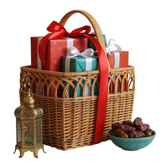 Festive Basket with Gifts, Lantern, and Bowl of Dates  Vibrant Ramadan or Eid Setup Celebrating Tradition, Generosity, and Joy