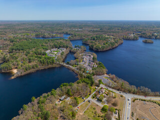 Watson Pond and Lake Sabbatia aerial view in spring in Watson Pond State Park in city of Taunton, Bristol County, Massachusetts MA, USA. 