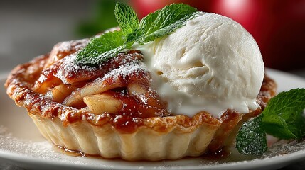 Apple tart with ice cream and mint garnish on a plate.
