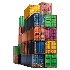 Fototapeta premium Stack of vibrant freight containers in port concept. Stacked cargo containers in vibrant colors at a shipping site.