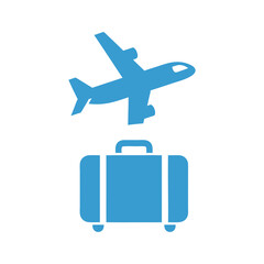 Blue Airplane and Suitcase Flat Icon Representing International Air Travel and Holiday Departures
