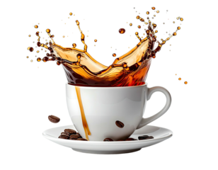 Coffee splash erupts from a white mug atop a saucer with scattered beans