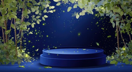 Blue pedestal display with glowing fireflies in a lush forest scene.