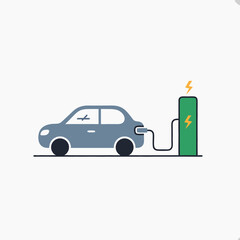 Minimalist Vector Icon of a Blue Electric Car Charging at a Green Station, Symbolizing Sustainable Energy and Eco friendly Transportation