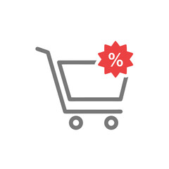 Minimalist Vector Icon of a Gray Shopping Cart with a Red Sale Percentage Symbol for E commerce Discounts