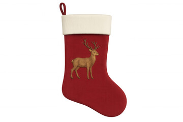 Red christmas stocking with deer design, ready for holiday gifts, festive seasonal decoration, transparent background