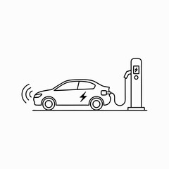 Outline Vector Icon of an Electric Vehicle Charging at a Public Station with Wireless Signals