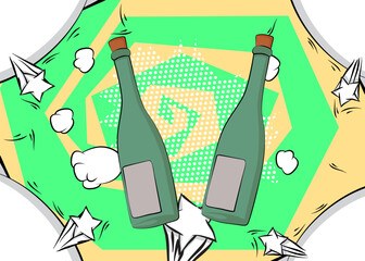 Cartoon glass bottle, comic book drink. Retro vector comics pop art design.