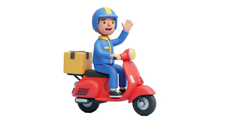 Friendly courier character on a vibrant red scooter with a package, waving hello, representing speedy and reliable online delivery.
