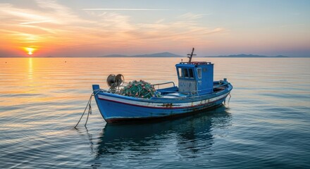 Naklejka premium A small blue boat with fishing nets on calm waters at sunset.