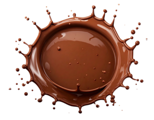 A circular splash of rich, glossy chocolate, with radial droplets
