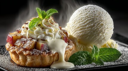 Dessert with fruit pie vanilla ice cream whipped cream and mint garnish.