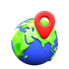 World Globe with Red Location Pin on Transparent Background Earth Globe with Continents Location Marker and Global Destination Point