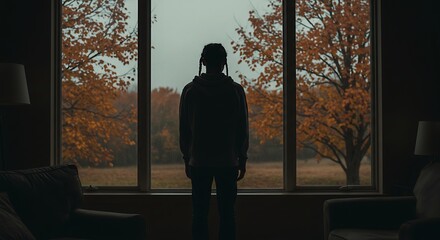 Contemplative silhouette by window gazing at vibrant autumn trees under an overcast sky, evoking solitude and reflection.