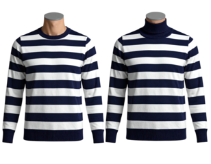 Two long-sleeved sweaters, one crew neck, the other a turtleneck, striped