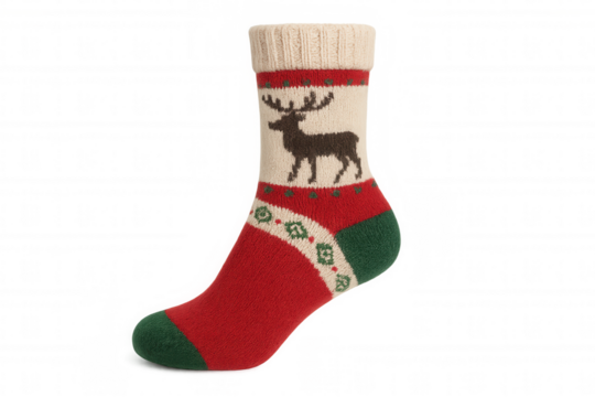 Christmas holiday sock featuring reindeer design, knitted wool fabric, and festive red, green, and cream colors