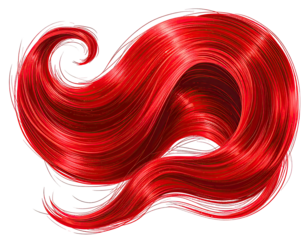 Vivid, flowing red hair styled in elegant waves against a stark black background