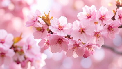 Delicate Pink Cherry Blossoms on Branch, Soft Spring Bloom with Bokeh Background