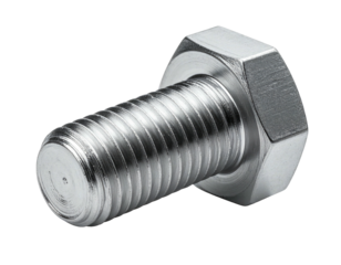 Close-up view of a shiny, metallic bolt with hexagonal head and threaded shaft